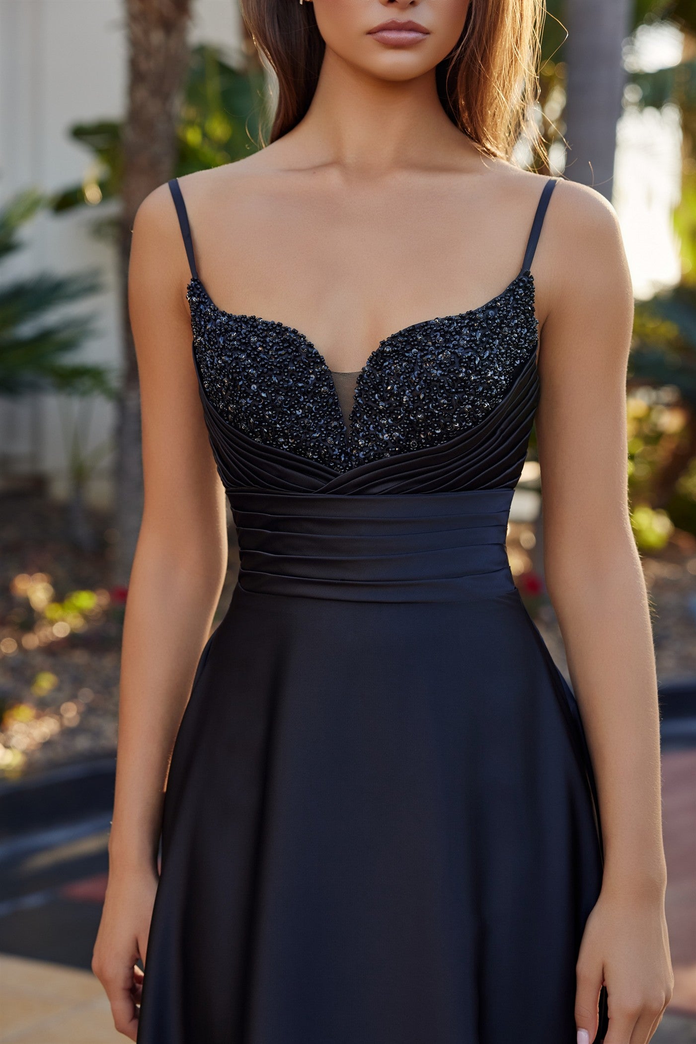 LONG SATIN ALINE DRESS WITH A SWEETHEART BEADED BUSTLINE - Send us a m Chaabouni's LONG SATIN ALINE DRESS WITH A SWEETHEART BEADED BUSTLINE - Send us a m Chaabouni's