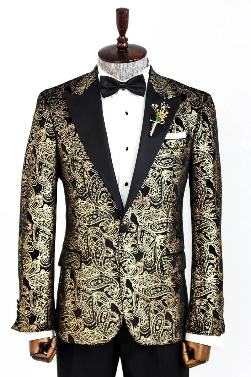 Mens Paisley Jeweled Shawl Prom Tuxedo Blazer in Black & Gold main image 0